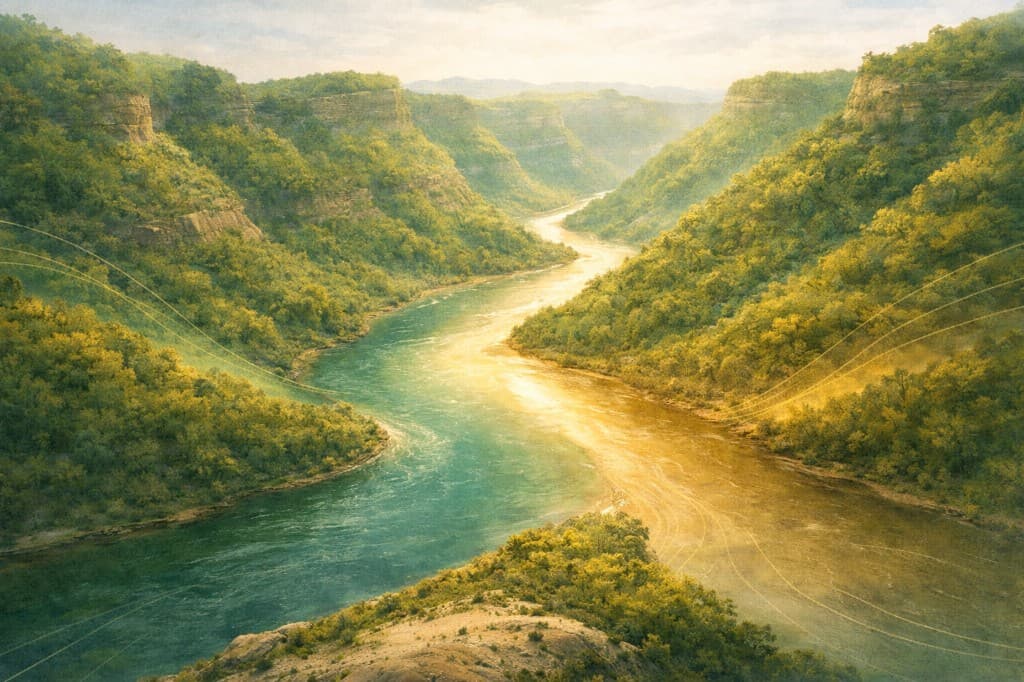 Confluence of two rivers in a lush West Virginia valley